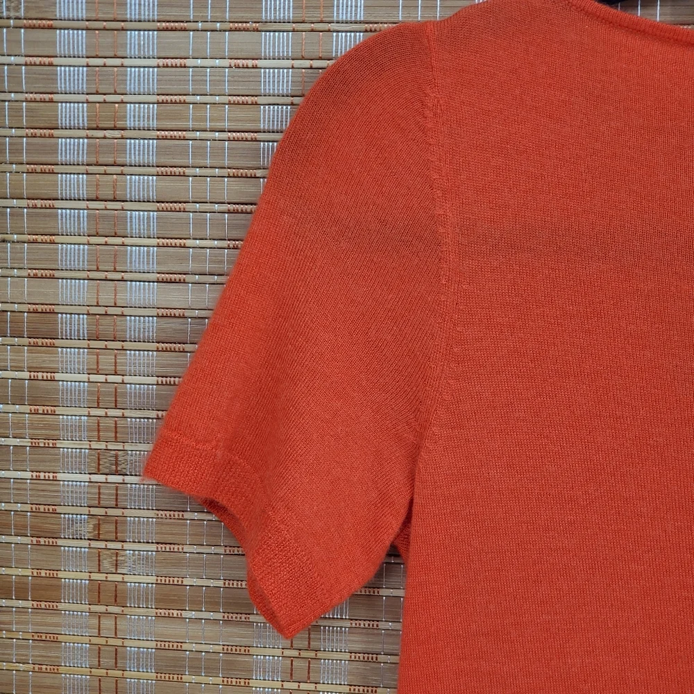 ♧ Henri Bendel Orange Cashmere Pleated Scoopneck Short Sleeve Sweater Size Small